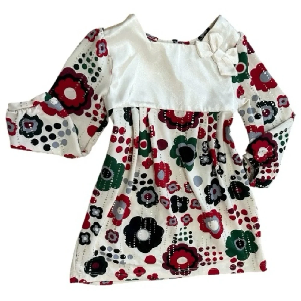 Y2K Children’s Place Girl Christmas Satiny Hippy Floral Dress Size 24 Months